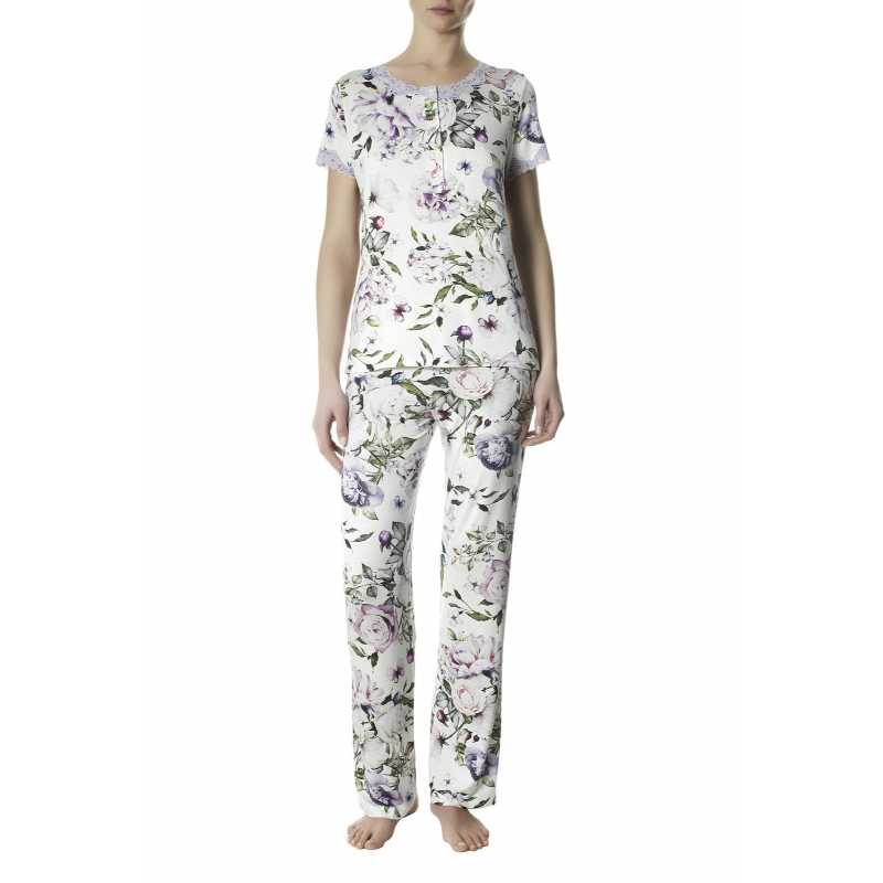 Long viscose pyjamas Penelope floral pattern with lace