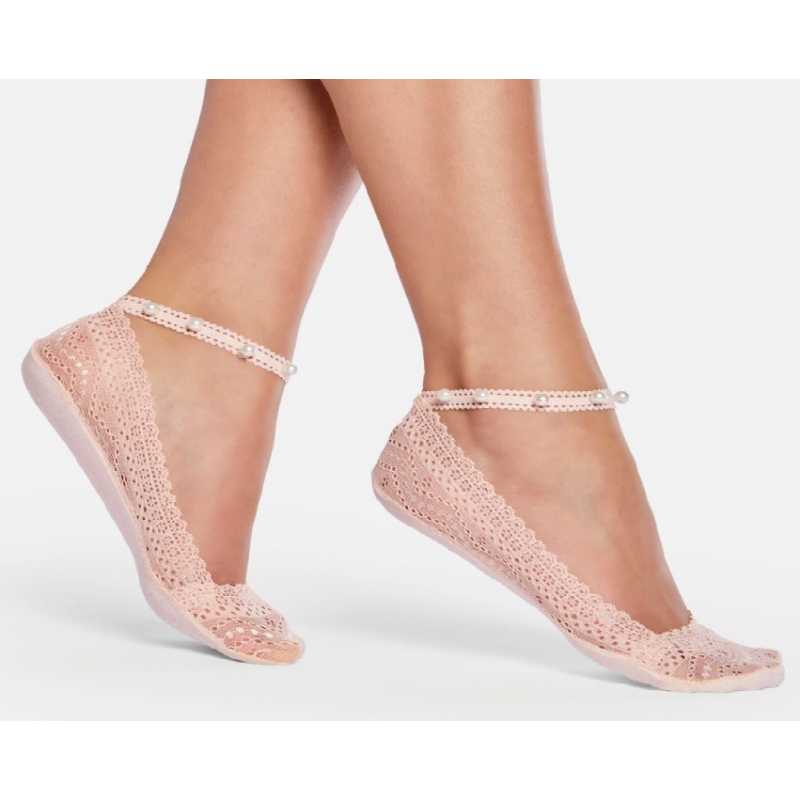 Pink lace patterned fashion shoe liner with pearls and non-slip silicone pad